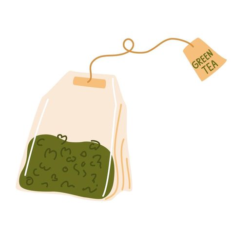 Tea bag. Green tea in a bag. Healthy food and drink. Vector hand draw illustration flat icon isolated on white. Green Illustration Aesthetic, Tea Vector Illustrations, Green Tea Drawing, Cozy Graphic Design, Tea Bag Illustration, Tea Bag Drawing, Green Tea Illustration, Tea Illustration Art, Matcha Illustration