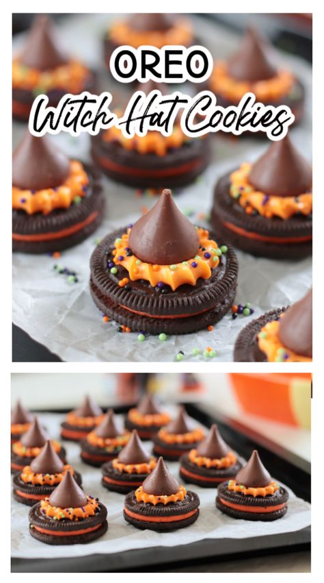 These witch hat cookies are one of the easiest Halloween treats to make! An Oreo cookie topped with frosting and a Hershey's kiss. Perfect for Halloween parties! Halloween Treats Witches Hats, Halloween Recipes Simple, Strawberry Oreo Witch Hats, Easy Halloween Snack Ideas For Kids Party, Halloween Food Day Ideas, Witch’s Hat Cookies, Oreo Witches Hat, Holloween Deserts Easy, Halloween Kid Appetizers