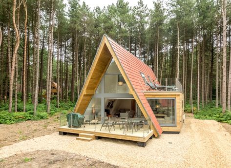 Minimalist Cafe, Modern A Frame, Mini Homes, Woodland Retreat, Triangle House, Diy Cabin, A Frame Cabins, Coastal Village, A Frame House Plans