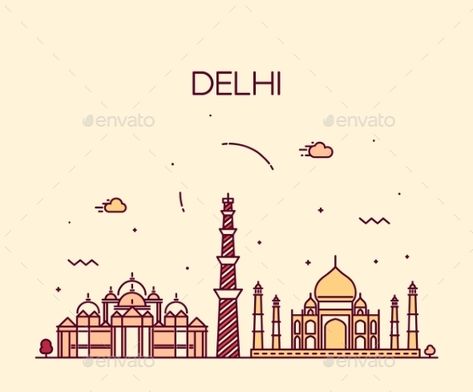 Delhi City skyline detailed silhouette Trendy vector illustration line art style Historic Illustration, Trendy Illustration, Delhi City, Illustration Line Art, Doodle Wall, Antique Architecture, Line Art Style, Indian Illustration, City Icon