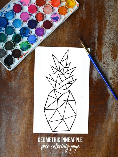 Geometric pineapple free coloring page - perfect for watercolor! Pineapple Coloring Page, Perjalanan Kota, Watercolor Pineapple, Cool Pencil Drawings, Geometric Drawing, Pencil Drawings Easy, Simple Acrylic Paintings, Geometric Animals, Flash Art