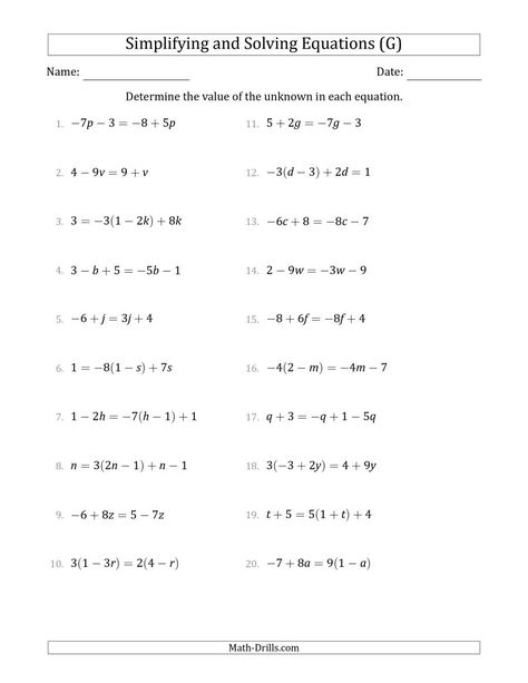 The Combining Like Terms and Solving Simple Linear Equations (G) Math Worksheet from the Algebra Worksheets Page at Math-Drills.com. Algebra Equations Worksheets, Solving Algebraic Equations, Simple Equations, Multi Step Equations Worksheets, Evaluating Algebraic Expressions, Pre Algebra Worksheets, Literal Equations, Solving Multi Step Equations, Equations Worksheets