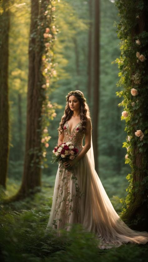 "Enchanted Forest: Girl Among Towering Trees in Floral Gown" Whimsical Photoshoot, Fairytale Photoshoot, Tale Dress, Vines And Flowers, Fairy Photoshoot, Prom Poses, Portrait Photography Women, Awesome Pictures, Girl Standing