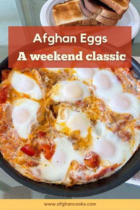 Afghan Eggs with Toast Middle Eastern Egg Recipes, Non Bread Breakfast Ideas, Classic Breakfast Recipes, Foreign Breakfast Recipes, European Breakfast Recipes, African Breakfast Recipes, Recipes That Use Up Eggs, Afghan Eggs, Egg Tomato Recipes