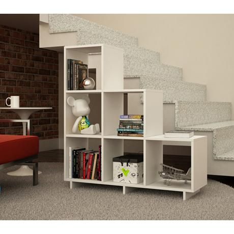 Cascavel 6-Shelf White Wood Stair Cubby Bookcase Step Bookcase, Bookshelves For Small Spaces, Modern Shelving Units, Mid Century Modern Bookcase, Cube Bookcase, Cube Shelves, Modern Bookcase, Bedroom And Office, White Bookcase