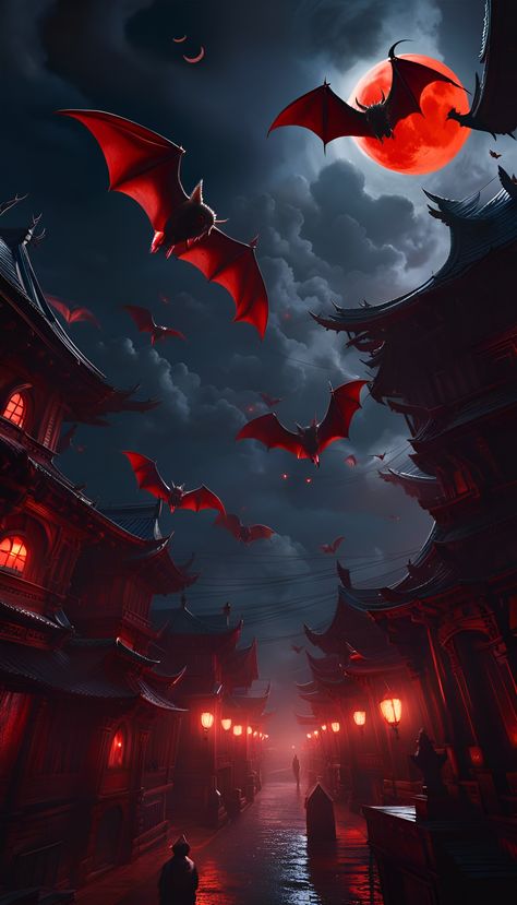 A dramatic AI generated wallpaper of vampire bats flying over a street during night-time. Wallpaper Laptop Halloween, Wallpaper Ipad Halloween, Halloween Wallpaper Aesthetic Laptop, Ipad Halloween Wallpaper, Dark Halloween Wallpaper, Halloween Wallpaper Lockscreen, Halloween Wallpaper Aesthetic Dark, Lockscreen Halloween, Anime Halloween Wallpaper