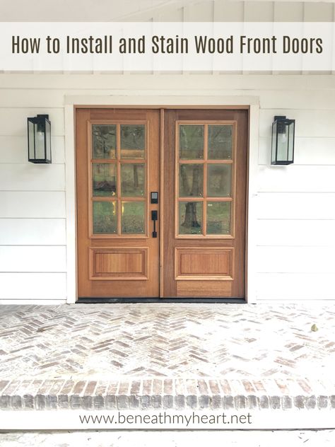 We stained our Pella wood doors from @lowes, and we love how they turned out! Here are some of the products we used: Stained Front Door, Mahogany Front Door, Stain Wood, Stained Doors, Farmhouse Front Door, Wood Exterior Door, Mahogany Doors, Wood Front Doors, Wood Stain Colors