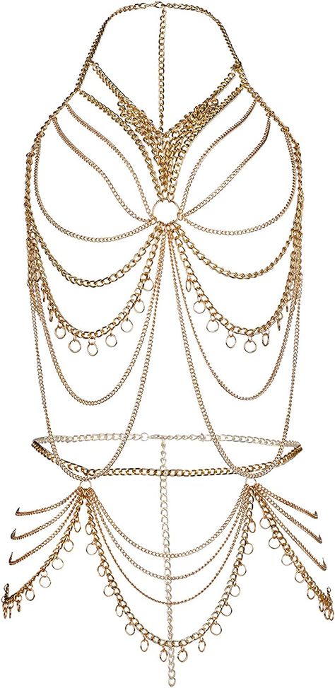 Elegant Body Jewelry, Gold Chest Jewelry, Full Body Jewellery, Body Chain Aesthetic, Satyr Character, Body Chain Outfit, Body Chain Jewelry Outfit, Gold Body Chain Jewelry, Body Chain Fashion