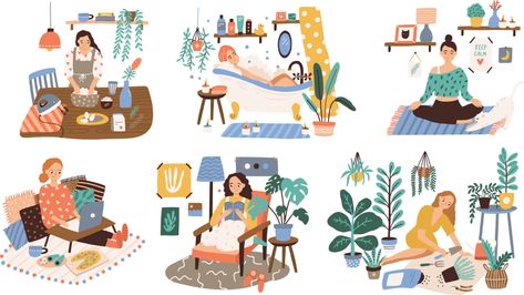 Alone Time Doesn't Have to Be Lonely: The article is good, but I like the illustrations the best! Happy Alone, Hobbies For Women, Alone Time, Leisure Activities, Home Activities, Free Time, Books To Read, Hobbies, Stock Vector