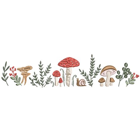 Nordic Border Design, Mushroom Forest Embroidery, Tiny Mushroom Embroidery, Enchanted Forest Embroidery, Embroidery Forest Animals, Machine Embroidery Files, Enchanted Forest Mushrooms, Mushroom Embroidery Pattern, Embroidery Mushrooms