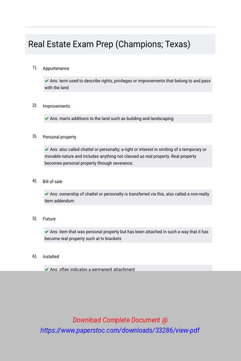 Real Estate Exam Prep Champions Texas 
 appurtenanceimprovementspersonal propertybill of salefixtureinstalledannexationseverancetrade fixturesemblementsphysical characteristics of real propertyeconomic characteristics of real propertynonhomogeneityimmobilityindestructibilityscarcitymodificationfixitysituslegal descriptionmetes and boundslot, block and subdivision methodplatmost common method of legal land descriptionrectangul Real Estate Exam Prep, Real Estate Exam, Real Estate Education, Open Market, Exam Prep, Homework Help, Coven, Texas, Real Estate