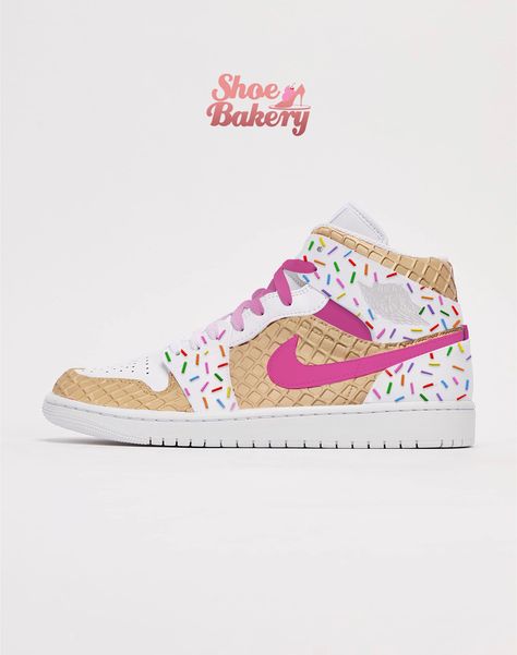 Please read below before purchasing! This shoe is inspired by the love of ice cream growing up as a child! Now you can take this with you where ever you go. The sneakers have a 3D waffle cone. *Men's shoes starting at size 11 can only be created with an all white base.* *We are not affiliated with Nike or Nike products.Materials: All man made materials**There is a current 10-12 week waiting list to complete prior to shipping due to overwhelming demand and because they are made to order** -WE SHI Ice Cream Shoes, Nike Shoes Women Fashion, Nike Products, Pretty Sneakers, Painted Canvas Shoes, Waffle Cone, Preppy Shoes, Pretty Shoes Sneakers, Cute Nike Shoes