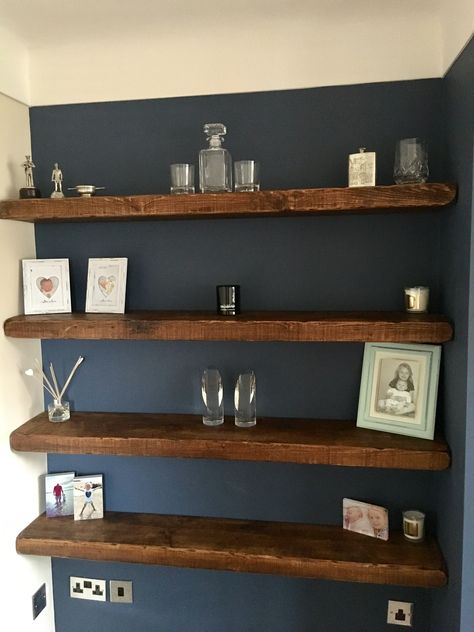 Chunky floating shelves are a great way to add something to that empty alcove without investing in a huge dresser (less to dust) and till give it that openness   These were from House Of Rustic (Amazon) Shelves Around Tv, Alcove Shelving, Long Floating Shelves, Floating Shelves Living Room, Decorating House, 1930s House, Shelving Ideas, Chalet Style, Rustic Floating Shelves