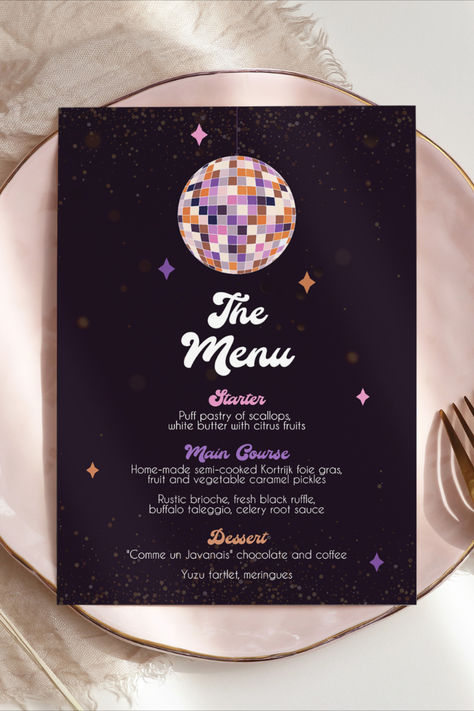 Retro Dinner, Disco Birthday Party, Disco Theme, Orange Party, Holiday Dinner Party, Party Bachelorette, Party Menu, Disco Party, Menu Template