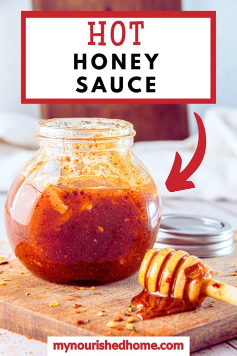 Hot honey sauce is perfectly sweet and spicy! Use this condiment to add complex flavor to a variety of dishes, from drizzling over your favorite pizza to glazing grilled meats. This sauce is made with honey, plus red pepper flakes, garlic, and smoked paprika, this sauce is simply bursting with flavor. Honey Pepper Sauce, Honey Habanero Sauce, Hot Honey Garlic Sauce, Hot Honey Sauce Recipe, Hot Honey Bbq Sauce, Honey Hot Sauce, Hot Honey Sauce, Hot Honey Recipes, Delicious Grill Recipes