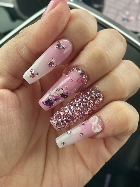 Minnie, mouse, nails, pink, bling, rhinestones, white, coffin, nails, Disney Nails With Stickers, Minnie Mouse Valentines Nails, Minnie Mouse Nail Ideas, Minnie Mouse Inspired Nails, Minnie Mouse Acrylic Nails, Pink Minnie Nails, Disney Nails Long, Minnie Mouse Nails Pink, Pink Minnie Mouse Nails