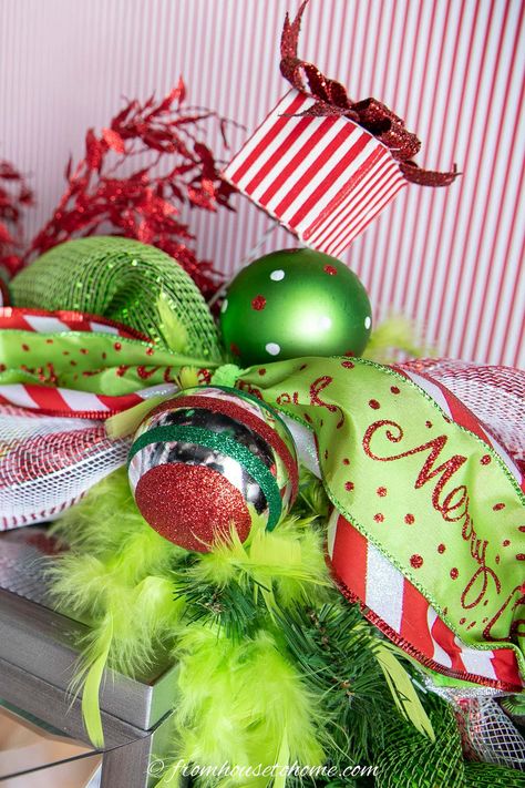 Grinch Garland Deco Mesh, Grinch Christmas Garland Diy, Grinch Mantle, Grinch Mantle Decor, Grinch Garland Diy, Grinch Christmas Ideas, Grinch Garland, Grinch Village, Christmas Mantel Garland