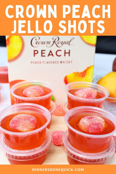 Try these Crown Peach Jello Shots for your next party! Made with Crown Royal Peach Whiskey, these jello shots are a sweet and boozy treat that's sure to be a hit. Perfect for celebrations, BBQs, and gatherings with friends. Easy to make and even easier to enjoy, follow our step-by-step recipe to create these fun and festive shots. Cheers to good times! #JelloShots #CrownRoyalPeach #PartyDrinks #CocktailRecipes Crown Royal Peach Jello Shots, Crown Peach Jello Shots, Peach Crown Jello Shots, Crown Royal Jello Shots Recipe, Captain Morgan Jello Shots, Crown Royal Jello Shots, Hennessy Jello Shots, Peach Jello Shots Recipe, Peach Crown Royal Recipes