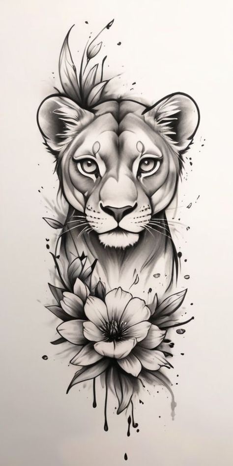 Lioness Flowers Tattoo, Leones Tattoo, Tattoo In Arm, Lion And Lioness Tattoo, Lioness Tattoo Design, Flowers Tattoo Design, Tiger Tattoo Sleeve, Tier Tattoo, Lioness Tattoo