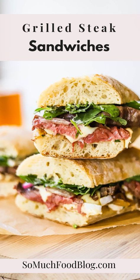 These grilled steak sandwiches are loaded with tender steak, brie, caramelized onions, horseradish sauce, and arugula. Perfect for summer! Greek Chicken Gyros, Brie Sandwich, Chicken Gyro Recipe, Steak Sandwich Recipes, So Much Food, Steak Sandwiches, Delicious Steak, Flat Iron Steak, Tender Steak