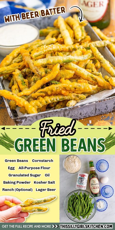 Fried green beans are coated in a quick and easy beer batter that comes out perfectly every time! With a prep time of 15 minutes and a cook time of 5 minutes, this is a super-fast recipe and a delicious way to eat green beans. Try them with your favorite dipping sauce for a side dish or appetizer that is sure to be a hit! Easy Beer Batter, Fried Green Beans Recipe, String Beans Recipe, Easy Fall Treats, Beer Battered Fries, Crispy Green Beans, Southern Fried Catfish, Veggie Platter, Platter Board