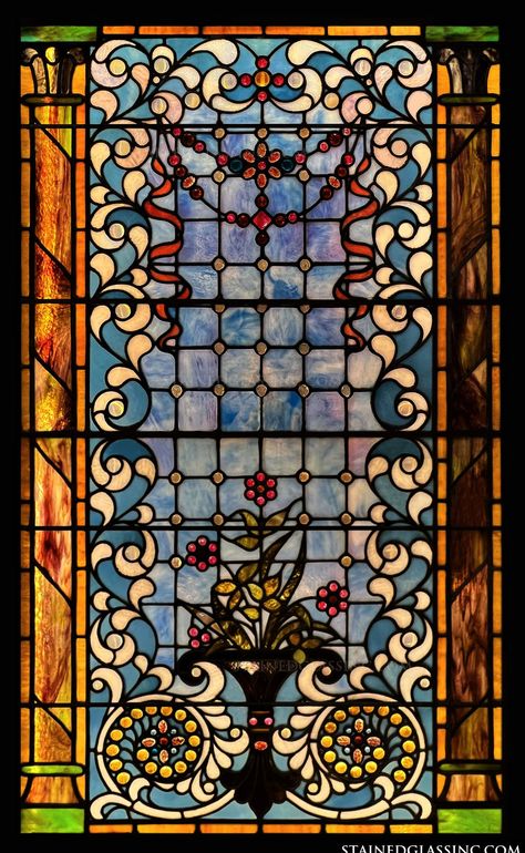 "Columns and floral vase" Stained Glass Window Stained Glass Vintage Window, Floral Stained Glass Windows, Stained Glass Border, Stained Glass Color Palette, Stained Glass Wallpaper, Stylized Background, Stained Glass Background, Wolverine Artwork, Stained Window