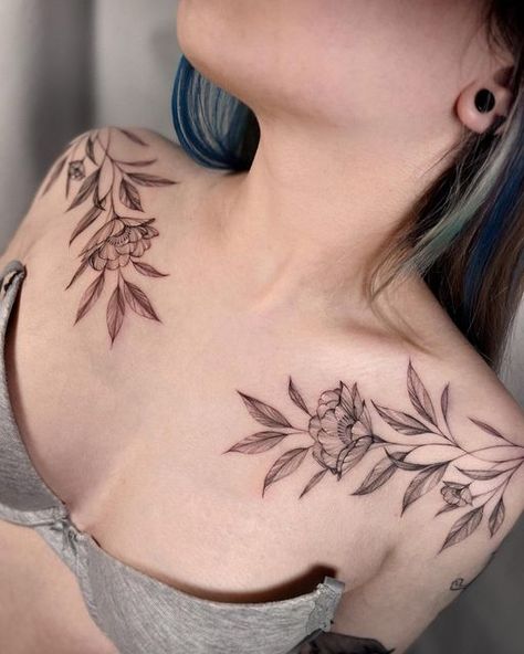 Floral Clavicle Tattoo, Botanical Chest Tattoo, Chest Flower Tattoo, Floral Chest Tattoo Female, Flower Collar Bone Tattoo, Clavical Tattoos Women, Under Collar Bone Tattoos, Mj Tattoo, Clavicle Tattoo