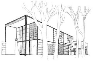 p8 - Miguel Cuervo-Arango: case study no. 8 (casa Eames), Charles & Ray Eames (Los Angeles), 1949 Eames House Plan, House Sketch Architecture, Sketch Architecture, Redecorating Ideas, Eames House, Case Study Houses, Rustic Exterior, Architecture Bathroom, House Plans One Story