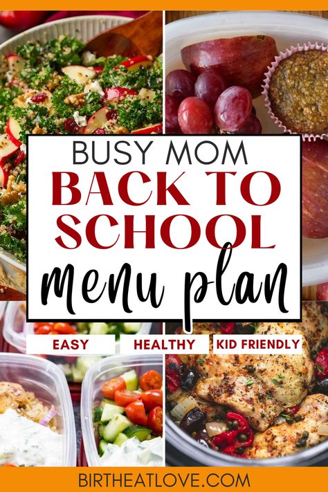 Easy back to school menu for meal planning! You'll love this easy Meal plan for family meals. Easy healthy dinners and meals that you can make for when mom life gets crazy on back to school weeknights. Great meal planning ideas for busy moms who need easy but healthy recipes to feed your family. Includes free meal plan with healthy eating recipes for dinner, lunch, breakfast, drinks, and snack ideas. School Week Meal Plan, Back To School Weeknight Dinners, Easy Healthy Meals Family, Easy Meal Plans For The Week Families, Super Quick Meals, Single Mom Meal Planning, Back To School Meal Planning, Healthy School Night Dinners, After School Dinner Ideas