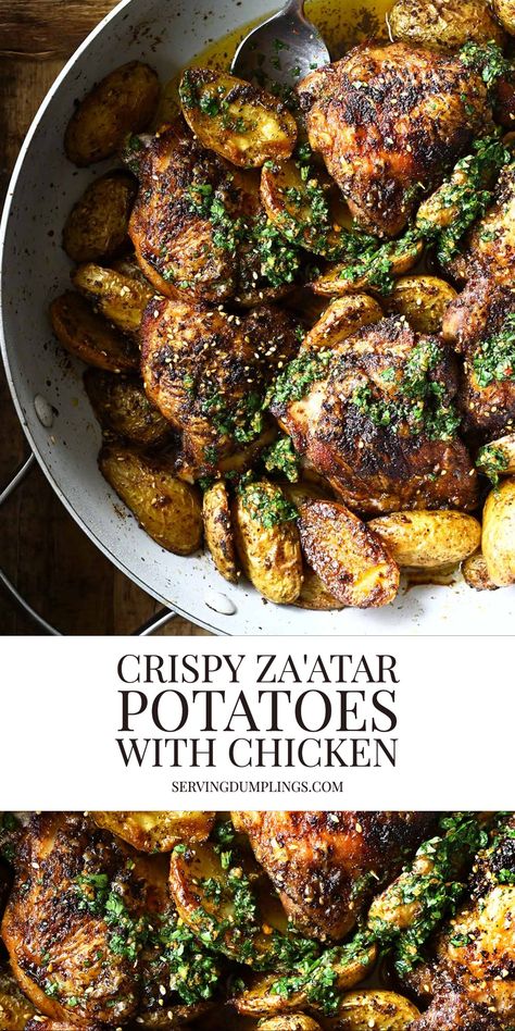 Crispy Za'atar Potatoes with Chicken - Serving Dumplings Zaatar Chicken And Rice, Za’tar Chicken, Zatar Recipes Food, Zaatar Recipe Chicken, Za’atar Chicken, Zaatar Chicken Thighs, Zaatar Recipe Dinners, Zatar Chicken Recipes, Romanian Recipes In English