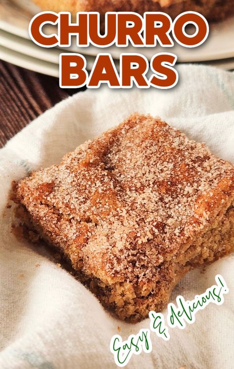 Churro Bars Easy, Easy Mexican Dessert Ideas, Dessert Ideas For Taco Bar, Churro Cookie Bars, Easy Churro Dessert Recipes, Quick Churros Recipe, Easy Churro Dessert, Easy Mexican Themed Desserts, Easy Desserts Mexican