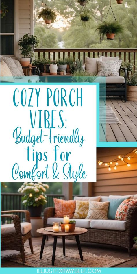 Cozy porch with string lights and potted plants Cheap Back Porch Ideas, Small Outside Patio Ideas Porch Decorating, Relaxing Front Porch Ideas, Covered Back Porch Decorating Ideas, Cozy Porch Seating Ideas, Comfy Porch Ideas, Front Porch Dining Ideas, Back Porch Decorating On A Budget, Back Porch Makeover On A Budget