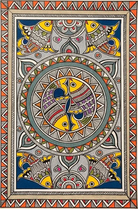 Madhubani Art Fish, Art Fish Painting, Madhubani Fish, Zantangle Art, Indian Art Gallery, Art Fish, Mandala Design Pattern, Mandala Art Lesson, Art And Craft Videos