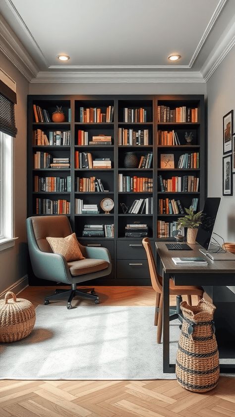 Design a masculine office featuring leather chairs, dark wood furniture, and strong, clean lines. Men’s Study Decor, Office Interior Design Masculine, Cozy Den Office Space, Desk Lounge Room, Men Office Space, Office Space Set Up, Office With Dark Wood Desk, Home Office Design Masculine, Cozy Office Space With Couch