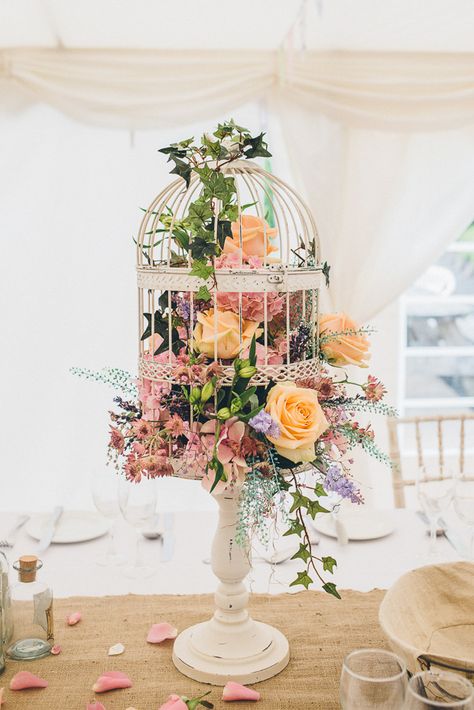 Team of Three: Stephanie + Ricky's Family Wedding | OneFabDay.com Birdcage Planter, Bird Cage Centerpiece, Garden Wedding Centerpieces, Peonies Centerpiece, Wedding Birdcage, Deco Champetre, Tafel Decor, Tall Wedding Centerpieces, Love Birds Wedding