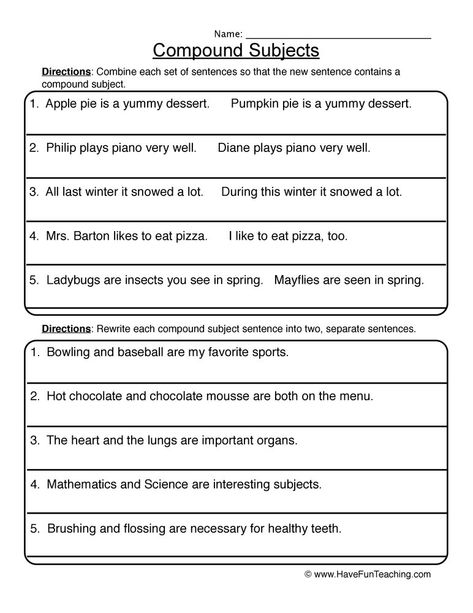 Rewriting Compound Subjects Worksheet | Have Fun Teaching Subject Worksheet, Compound Subjects And Predicates, Complete Predicate, Complete Subject And Predicate, Simple And Compound Sentences, Complex Sentences Worksheets, Compound Subject, Combining Sentences, Sentences Worksheet