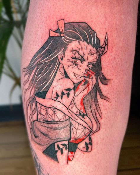 Nezuko Demon Tattoo, Nezuko Demon Form Tattoo, Nezuko Tattoo Leaves, Nezuko Leaf Tattoo, Demon Slayer Tattoo Nezuko, Demon Slayer Nezuko Tattoo, Nezuko Tattoo Design, Demon Nezuko, Slayer Tattoo