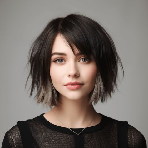 Razor Bob With Bangs, Soft Fringe Bangs Short Hair, Chin Length Choppy Bob With Bangs, Short Bob With Long Front Pieces, Dark Brown Shaggy Bob, Layered Bob With Bangs Straight Hair, A Line Bob With Bangs Round Face, Short Bob Hairstyles 2023 Trends, Short Textured Bob Choppy Layers Round Faces