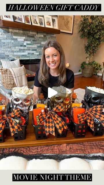 Tara Panasiuk on Instagram: "Halloween Movie Night Snack Caddies 🖤🧡 Comment “CUTE” to be sent some similar option items you can use to recreate this idea! 🎃  I grabbed these items from The Dollar Tree and thought they make such fun gifts 🤗 Hope you enjoy!👻  #dollartree #halloween #partyideas #dollartreefinds #halloweenideas" Dollartree Halloween, Halloween Movie Night Party, Movie Basket, Movie Night Basket, Halloween Food Decorations, Movie Night Theme, Movie Night For Kids, Halloween Party Activities, Halloween Gift Baskets