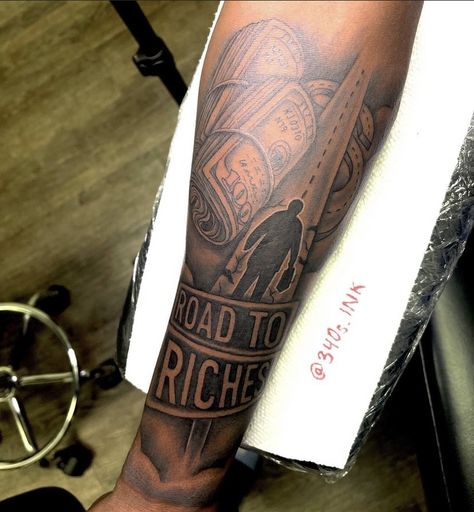 Lifes A Gamble Tattoo, Arm Tattoos Black, Road To Riches, Arm Tattoos For Guys Forearm, Half Sleeve Tattoo Stencils, Family Tattoos For Men, Black Men Tattoos, Forearm Tattoo Quotes, Half Sleeve Tattoos Forearm