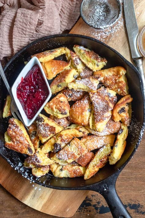 Kaiserschmarrn Recipe - (Austrian Shredded Pancake) - The Foreign Fork Austrian Desserts, German Breakfast, European Breakfast, Plum Preserves, Swiss Cuisine, Austrian Recipes, Brunch Restaurants, European Recipes, Sweet Meat