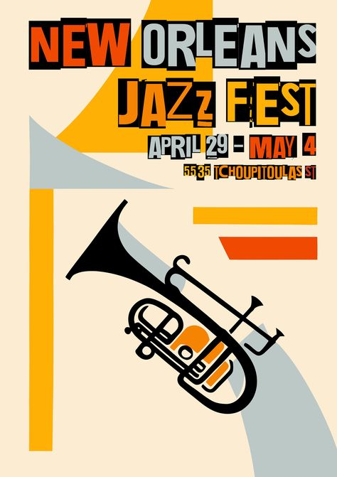 Musician Poster Design, Jazz Poster Design Vintage, New Orleans Graphic Design, Trombone Illustration, Jazz Graphic Design, Jazz Art Vintage, Retro Music Posters, Jazz Poster Design, New Orleans Jazz Festival