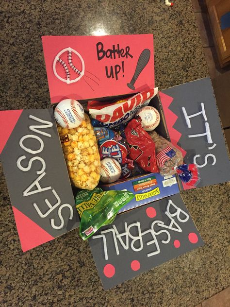 Baseball care package                                                                                                                                                     More College Boyfriend Gifts, Baseball Gift Basket, Baseball Boyfriend Gifts, Gifts For Boyfriend Long Distance, Boyfriend Baseball, Baseball Boyfriend, Best Valentine's Day Gifts, Presents For Boyfriend