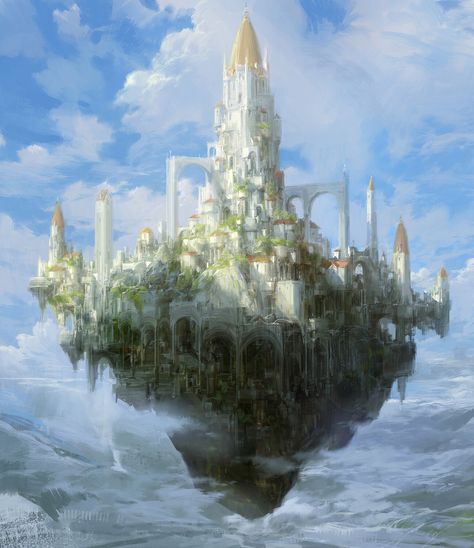 Sky castle, Paperblue .net on ArtStation at https://www.artstation.com/artwork/N5d5Pq Castle In The Sky Fantasy Art, Air City Concept Art, Sky Castle Fantasy Art, Air Castle Fantasy Art, Fantasy City In The Sky, Fantasy Sky Castle, Sky Castle Aesthetic, Fantasy Castle Illustration, Sky City Concept Art