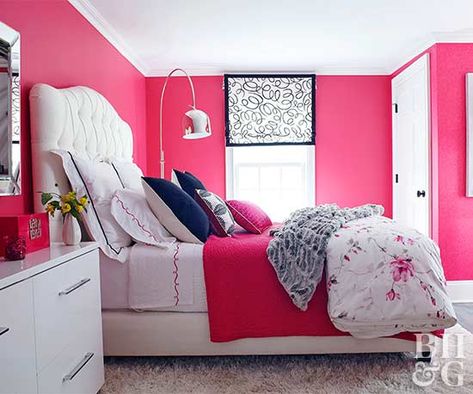 Pink Room Decor Ideas, Pink Presents, Hot Pink Bedrooms, Hot Pink Decor, Pink Accent Walls, Pink Bedroom Walls, Hot Pink Walls, Pink Rooms, Taupe Walls