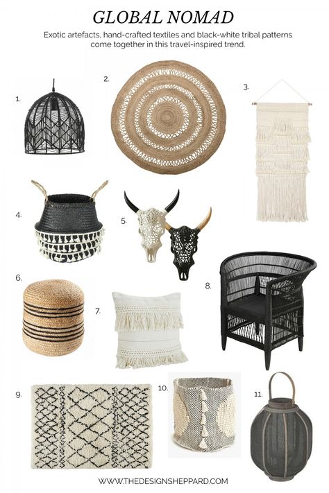 Global Nomad Trend in Interior Design.  Global Nomad is a home design trend that features tribal patterns, natural materials and tactile textiles. Nomad Style Interior, Nomad Decor, Rattan Lampe, Nomadic Design, Nomad Design, African Interior Design, Chic Christmas Decor, African Inspired Decor, Global Decor