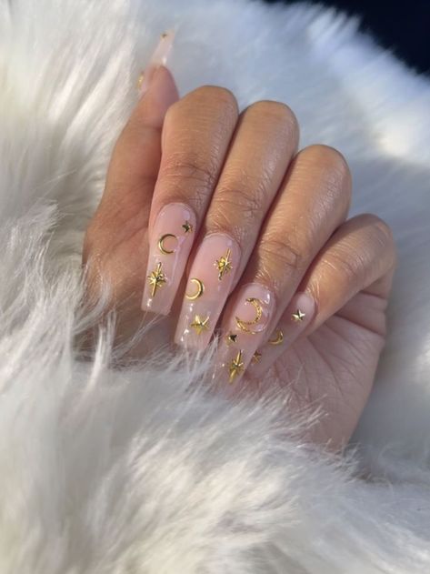 Moon Nails Acrylic, Acrylic Star Nails, Gold Star Nails, Diamond Box, Nails Gold, Moon Nails, Star And Moon, Nail Jewelry, Star Nails