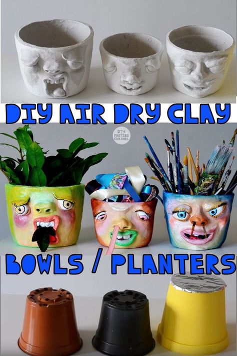 Air Clay Planters, Projects With Air Dry Clay, Air Clay Flower Pot, Air Dry Clay Plant Pot Ideas, Air Clay Crafts Ideas, Air Dry Planter, Clay School Projects, Sculpey Clay Pots, How To Make Clay For Pottery