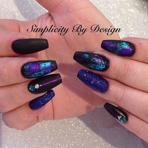 Black And Foil Nail Designs, Black Foil Nails Designs, Galaxy Glitter Nails, Acrylic Nails Foil, Black Nails With Foil, Purple Foil Nails, Foil Nails Acrylic, Foil Art Nails, Black Foil Nails