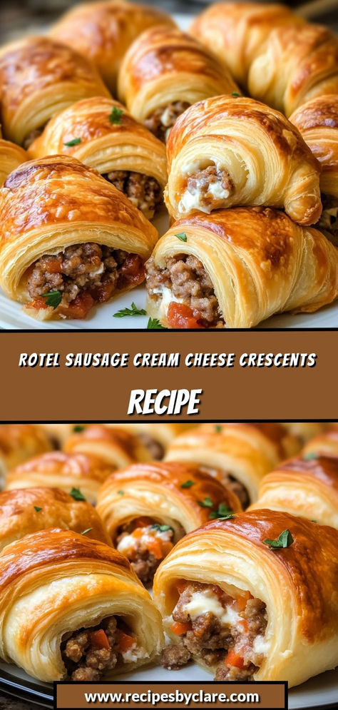 Savory, cheesy, and perfectly wrapped in crescent rolls—these easy bites are a hit at any gathering!

Ingredients:

1 can (8 oz) crescent roll dough
1 pound breakfast sausage, cooked and crumbled
1 cup cream cheese, softened
1 can (10 oz) Rotel diced tomatoes with green chilies, drained
These golden crescents are filled with a delicious blend of sausage, cream cheese, and Rotel, making them an irresistible snack or appetizer! Royal Sausage And Cream Cheese Crescents, Rotel And Cream Cheese Crescents, Stromboli Crescent Rolls, Rondele Cheese Recipes, Recipes With Dinner Rolls, Wiener Roast Food Ideas, Sausage Cheese Crescent Rolls, Rotel Sausage Cream Cheese Croissant, Rotel Cream Cheese Crescents